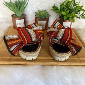 No. 21 Striped Bow Platform Sandals - Red Multi